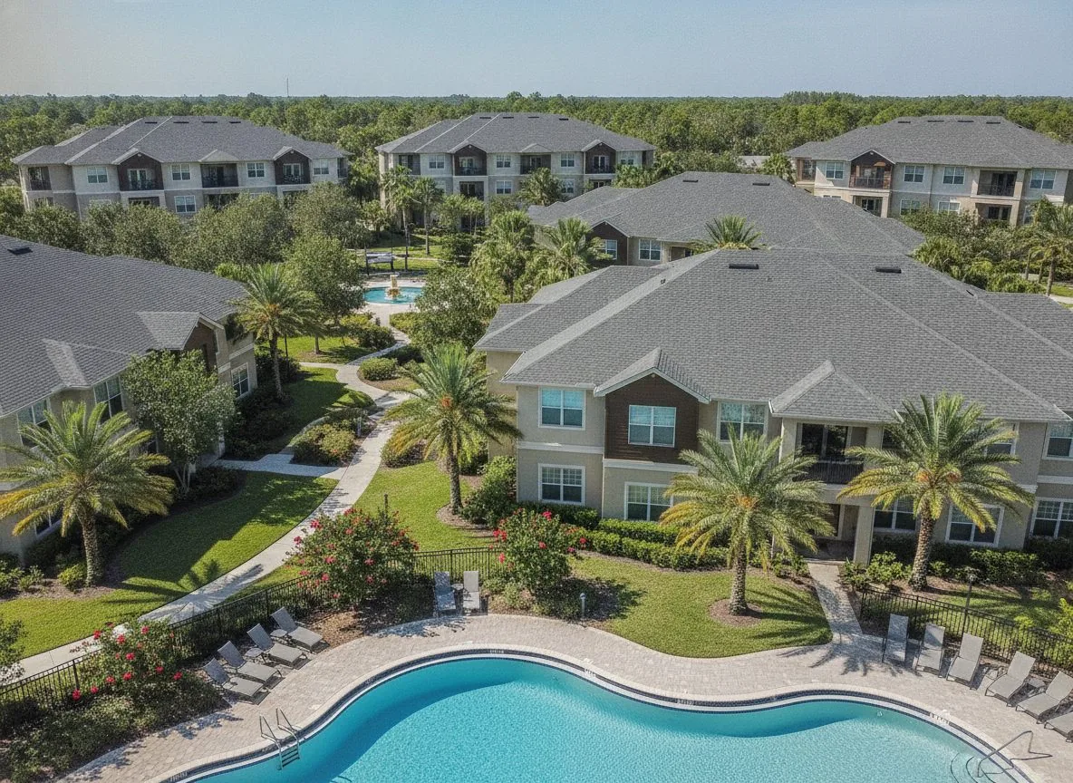 Aerial view of an apartment community with a pool