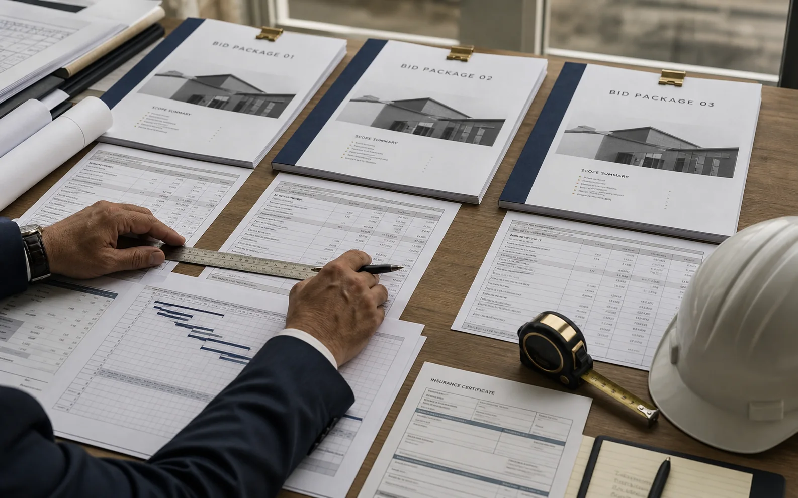 Bid packages and a signed page on a desk