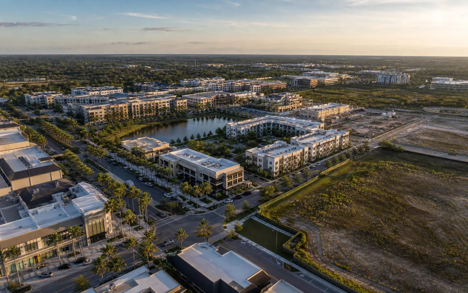 Aerial view of a Florida community with lakes, roads and new buildings