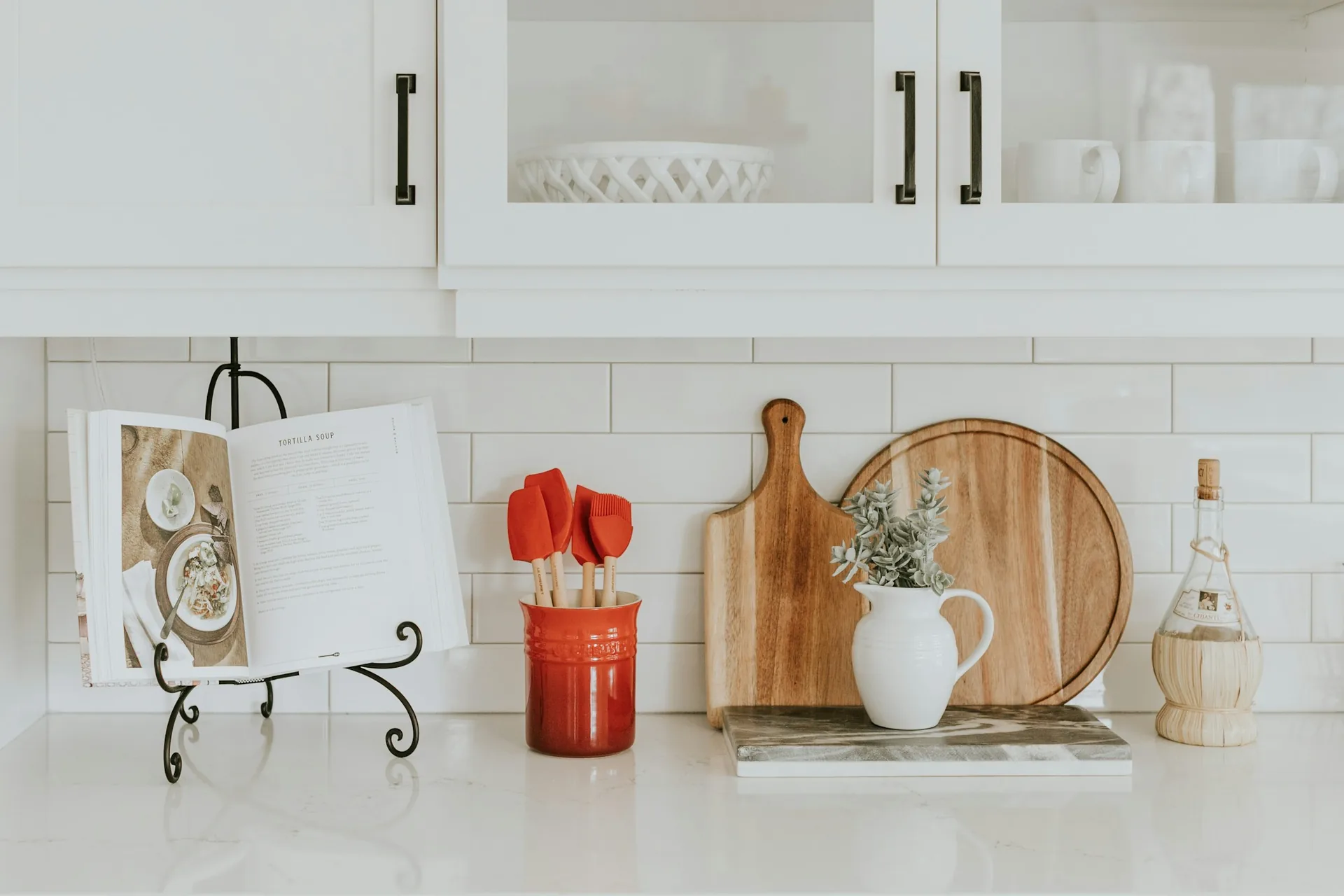 White counter with styled kitchenware