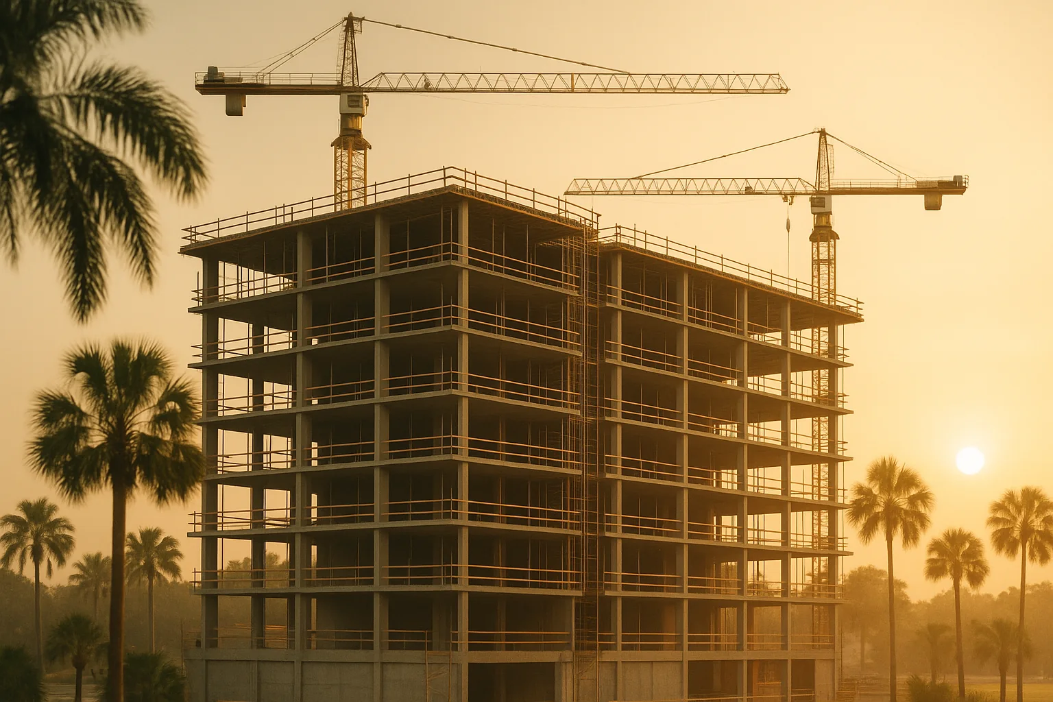 Mid-rise building under construction with cranes and palms at sunrise