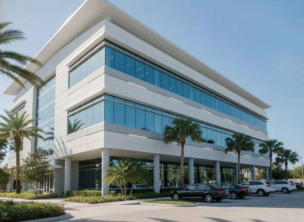 Modern office building with glass bands and palm trees