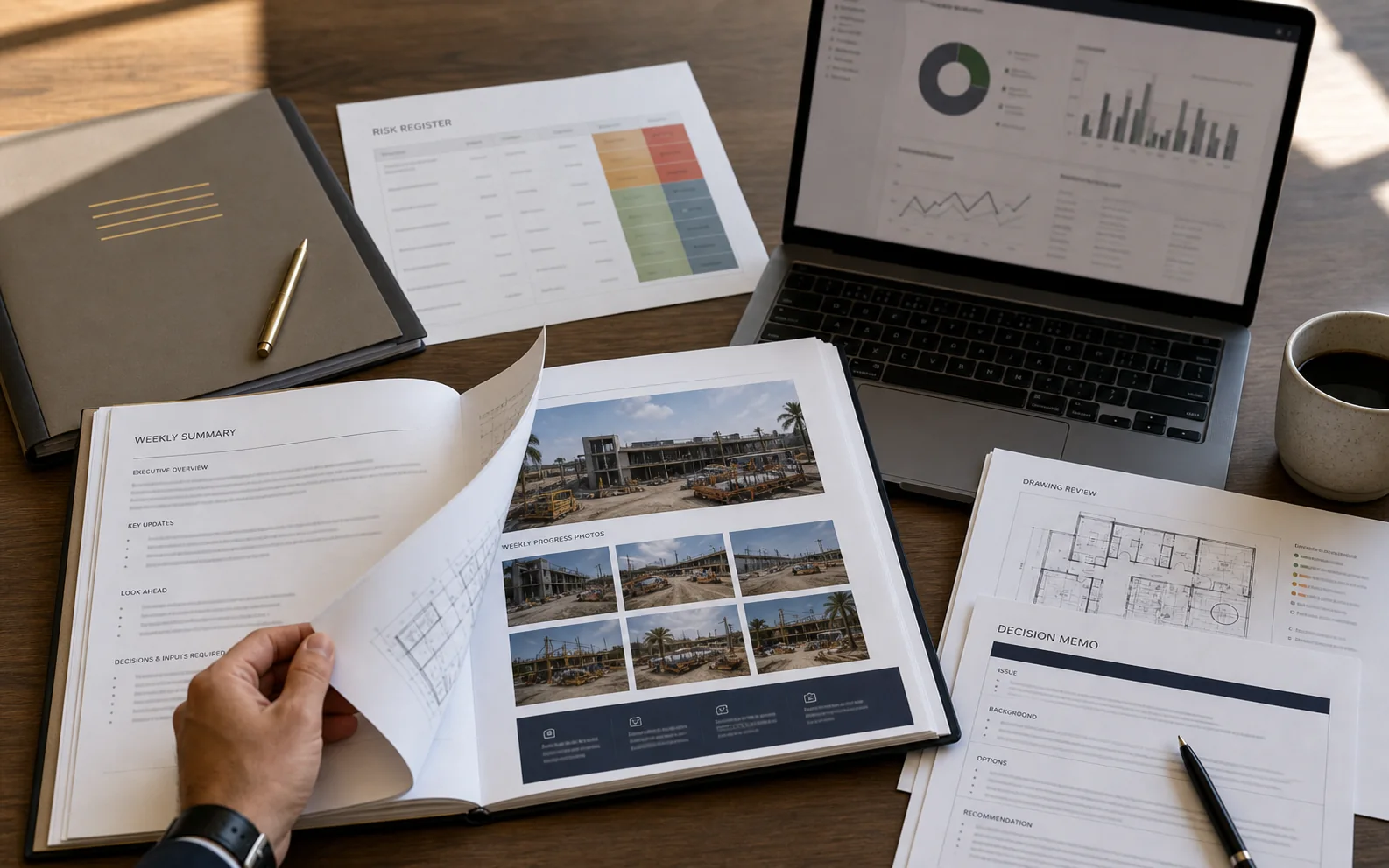 Owner reporting package with photos and charts on a desk