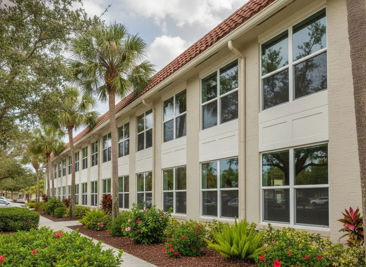 Stucco building with new windows